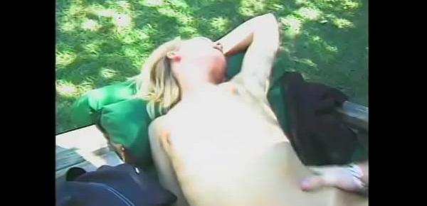  Cute blondie enjoys her wet pussy fucked hard by a huge dick outdoors